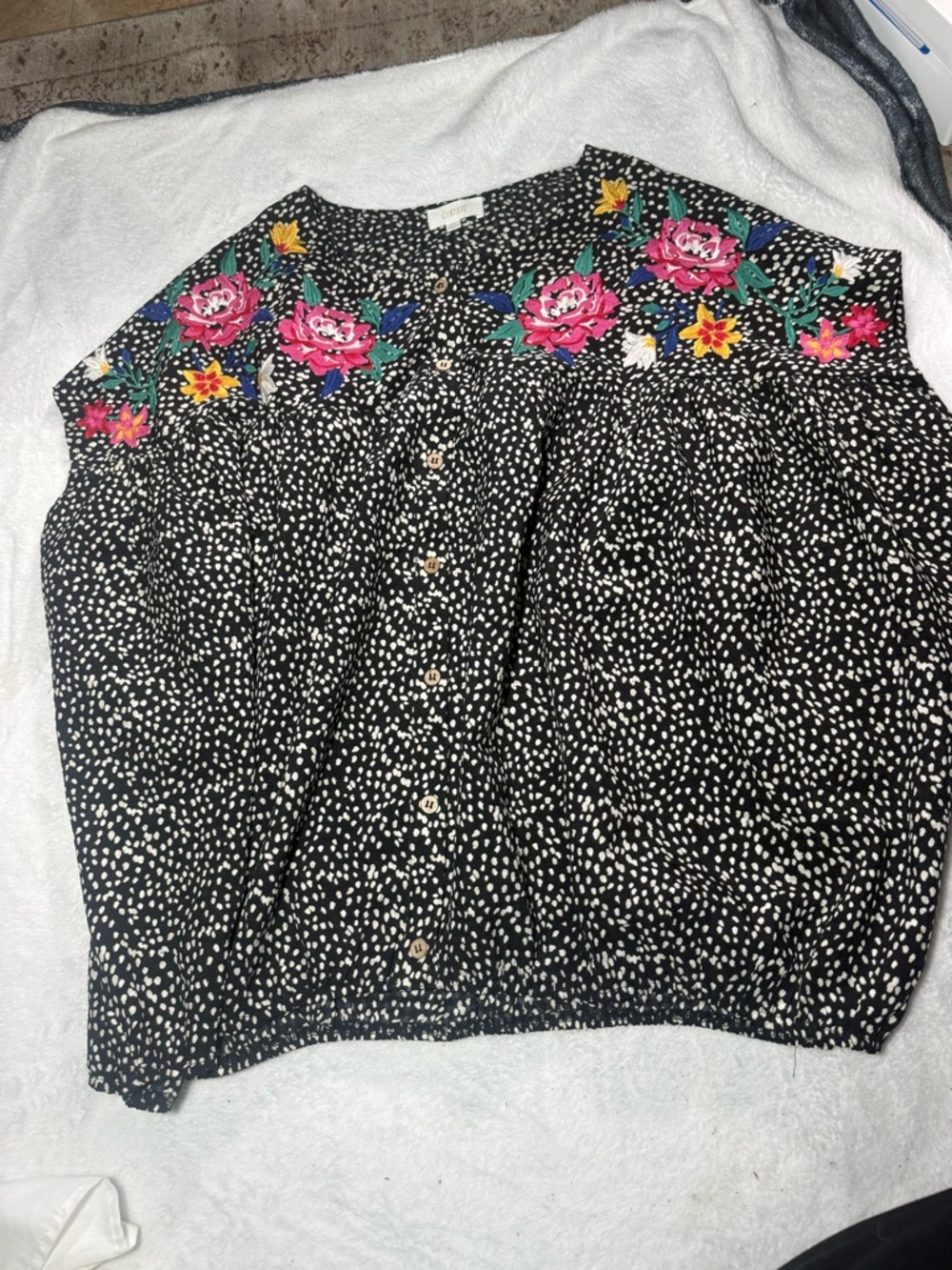 ODDY Black Button-Front Blouse with Pink & Yellow Floral Embroidery